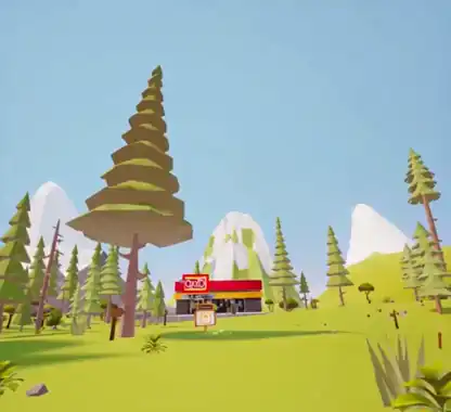 Mundo virtual de Femsa con tienda OXXO en un paisaje low-poly interactivo