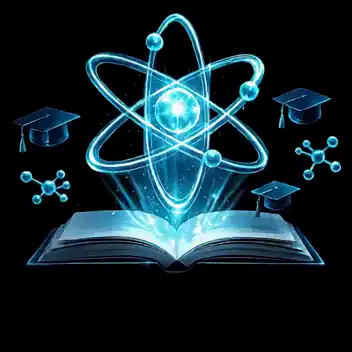 Átomo holográfico sobre libro — educación inmersiva con Realidad Virtual