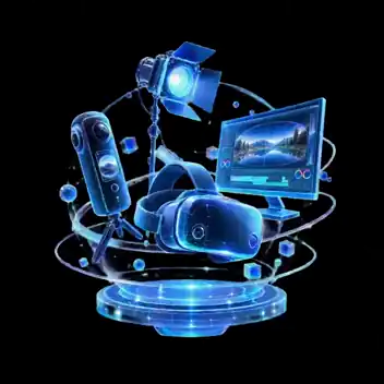Estudio de producción inmersiva con cámara 360, focos y gafas VR holográficas