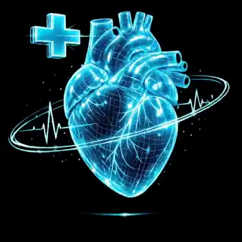 Corazón holográfico con línea de pulso — Realidad Virtual en salud y simulación médica