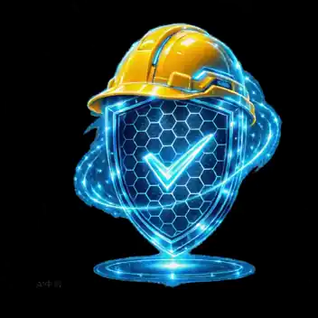 Escudo holográfico con marca de verificación — simulación de riesgos laborales VR