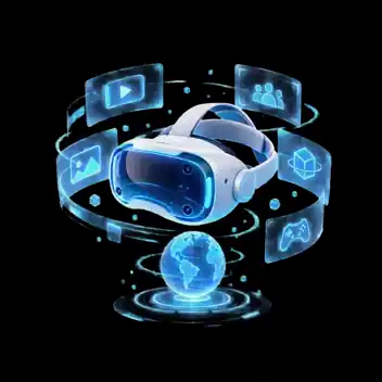 Gafas de realidad virtual holográficas rodeadas de paneles inmersivos flotantes