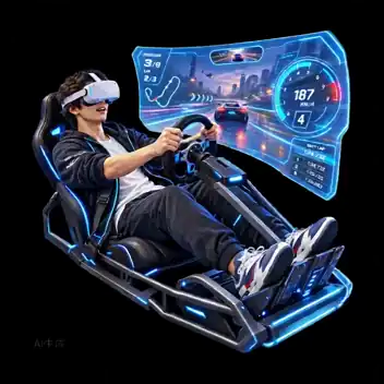Persona con gafas VR en simulador de conducción con volante y HUD holográfico — caso de éxito Immersive VR-Media